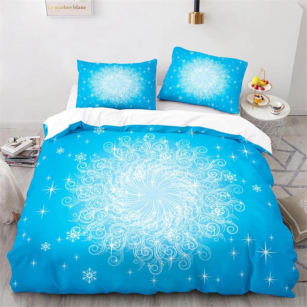 Snowflake Duvet Cover Winter Theme Geometric Pattern Microfiber Blue Floral Quilt Cover for Girl Children Christmas Decorations