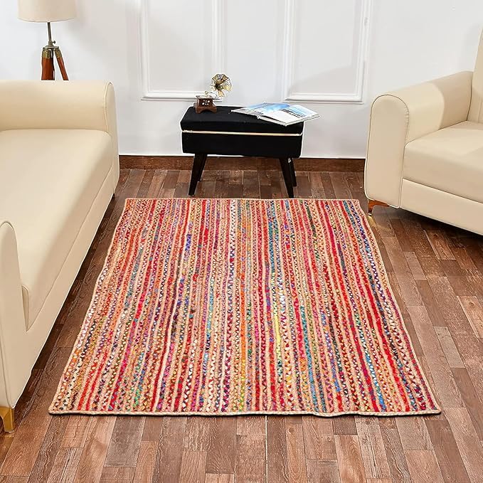 Aizza Trends Indian Handmade Braided Multi Cotton with Natural Jute Area Rug- Jute Rug- Dining Room- Living Room