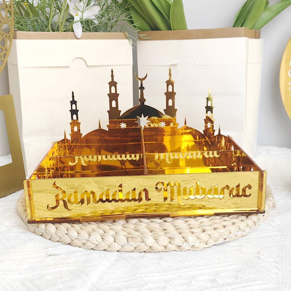 Ramadan Tray Eid Mubarak Serving Tray Hollow Palace Acrylic Mirror Tray Fruit Plate Tableware Dessert Platters DIY Display Holder Ramadan Decor