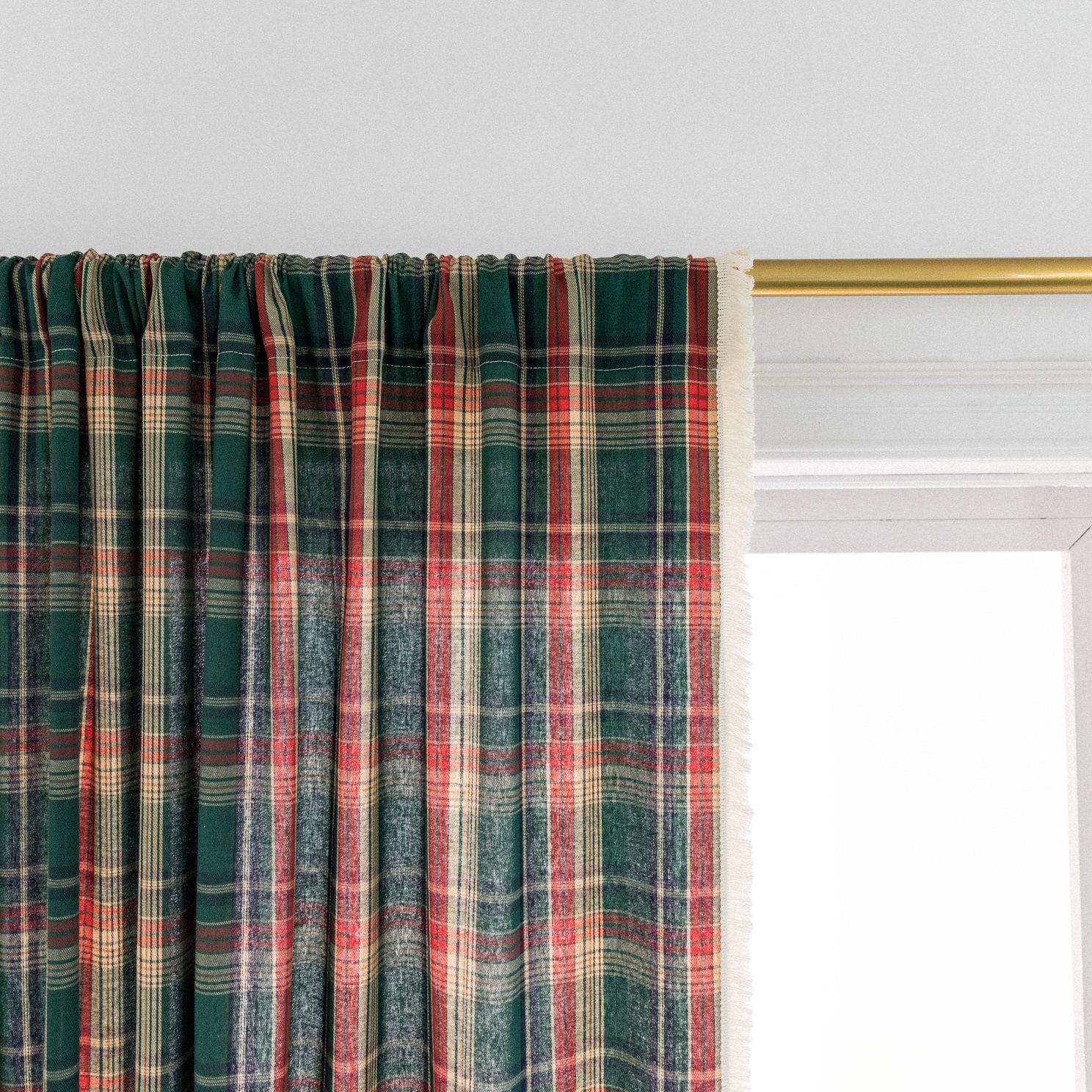 

Готовые шторы Рождественская зеленая клетка Ретро Маленькое окно Кухонная занавеска Полузатемняющие Легкие шторы Height 45 * Width 132cm