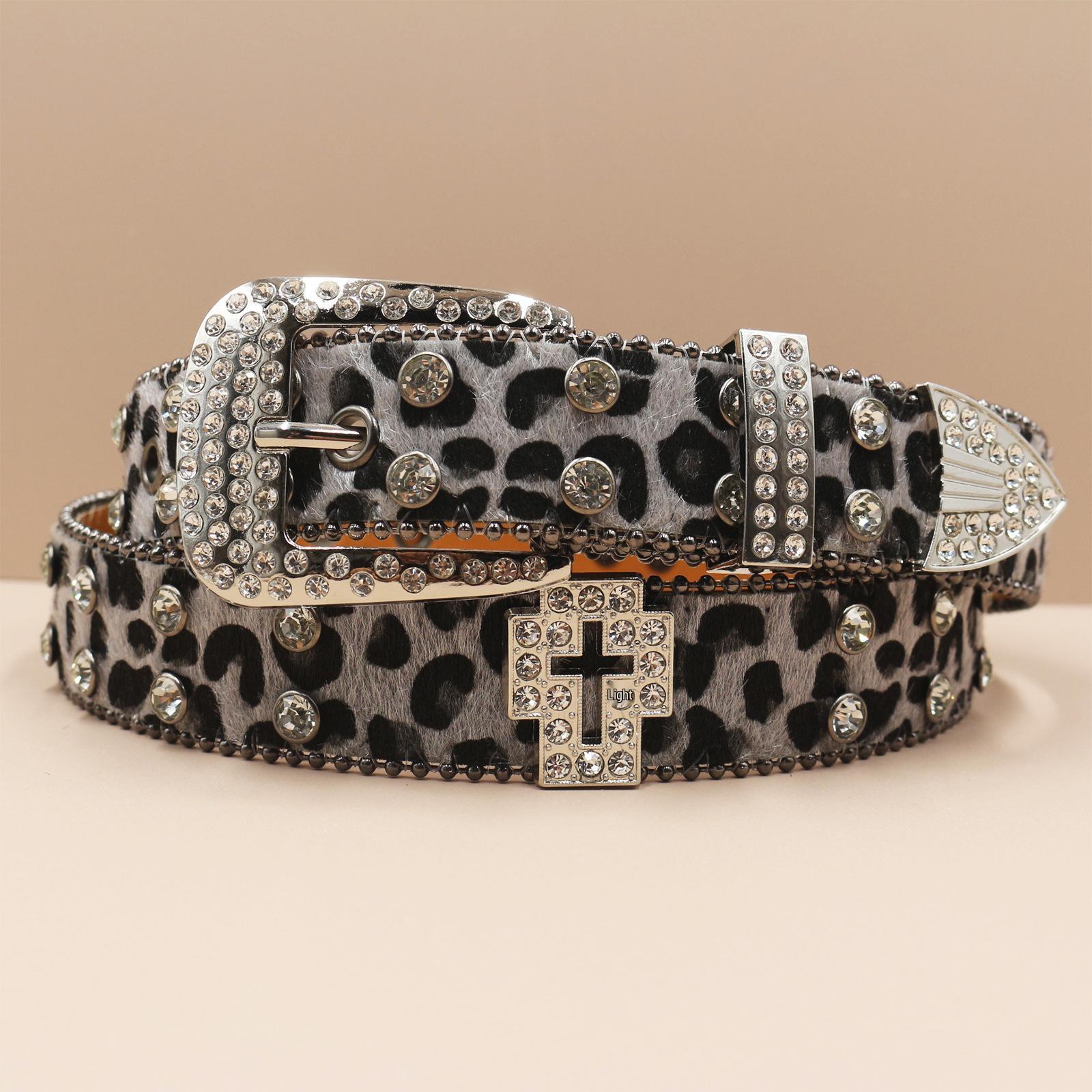 Men s Trendy Leopard Print Jeans with Cross Waistband & High-End Leather Belt 105 cm