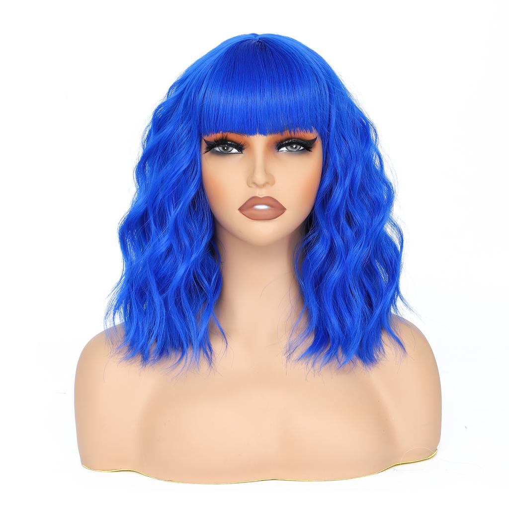 Bob Wig With Bangs 12 Inch Short Wavy Bob Wig Synthetic Blue Orange Pink Yellow Purple Red Wigs For Women Cosplay Halloween Daily Use