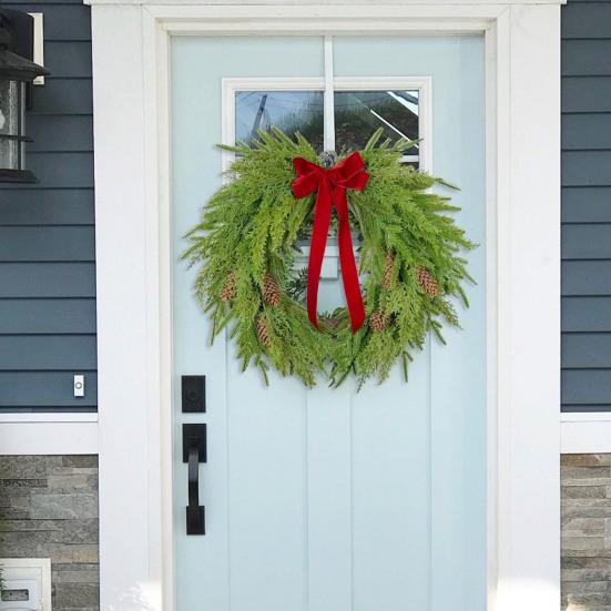 16 Inch Real Touch Norfolk Pine Christmas Wreath for Front Door Faux Cedar Greenery Wreath with Pine Cones And Bows for Wall Window Farmhouse Outdoor