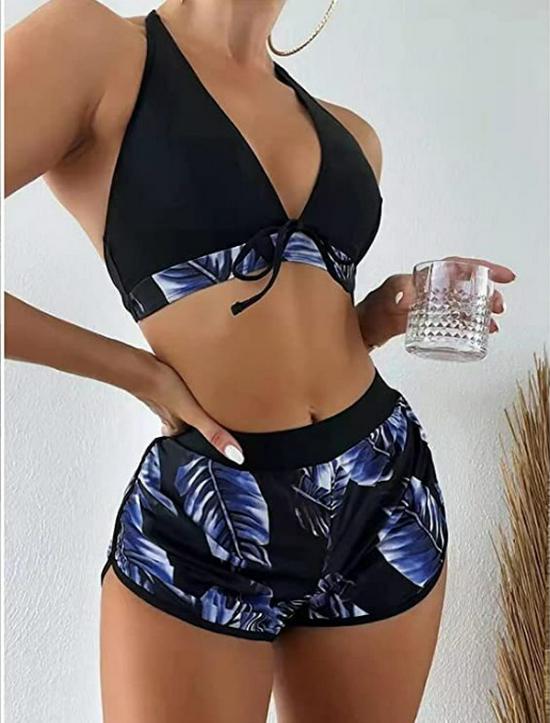 Damski dwuczęściowy zestaw bikini z blokami kolorów i nadrukiem liści, 2022