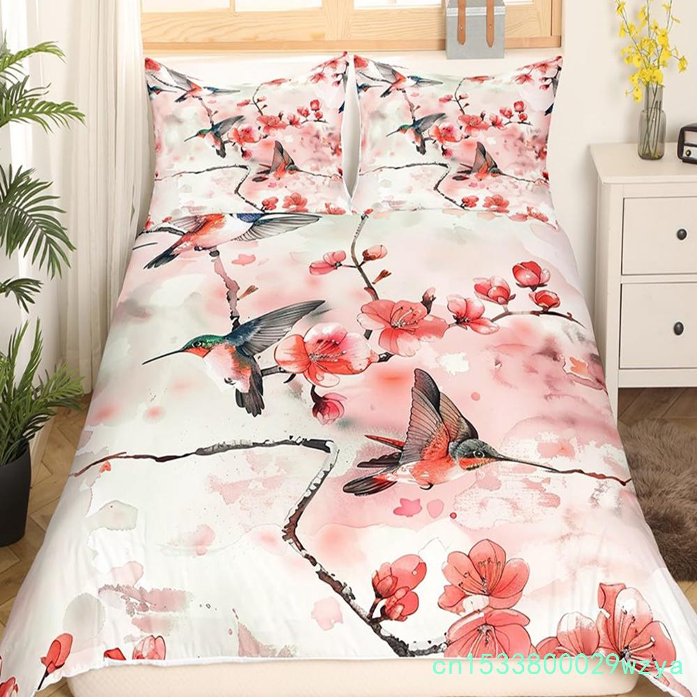 Copripiumino Floreale Colibrì Set Biancheria da Letto Uccelli Blu Verde Primavera Animali Selvatici Coperta Trapuntata Botanica Coperta Trapunta in Poliestere