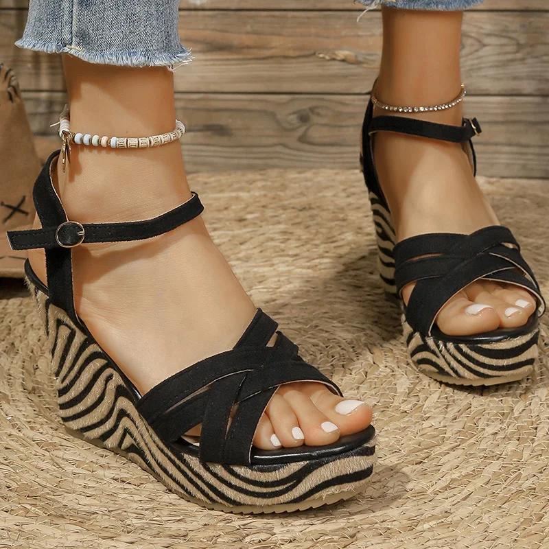 

Fashion Fashion Stripe Chunky Platform Sandals Women Summer Cross Strap Open Toe Sandal Woman Vacation Back Strap Wedge Sandal Female 36 чёрный