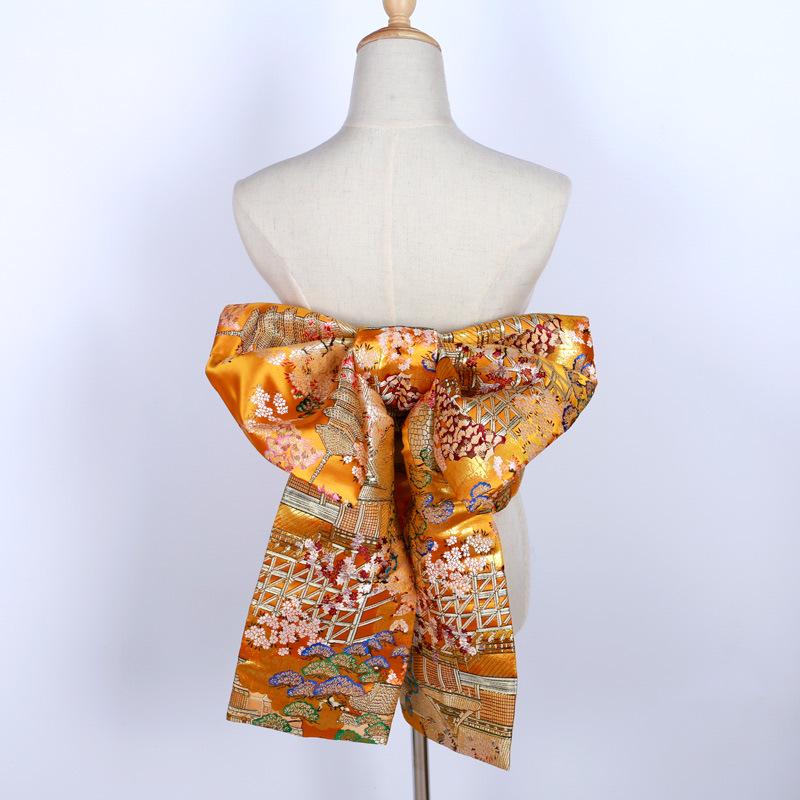 Japanese Kimono Obi: Brocade Jacquard Taiko Bow with Floral Knot Trim