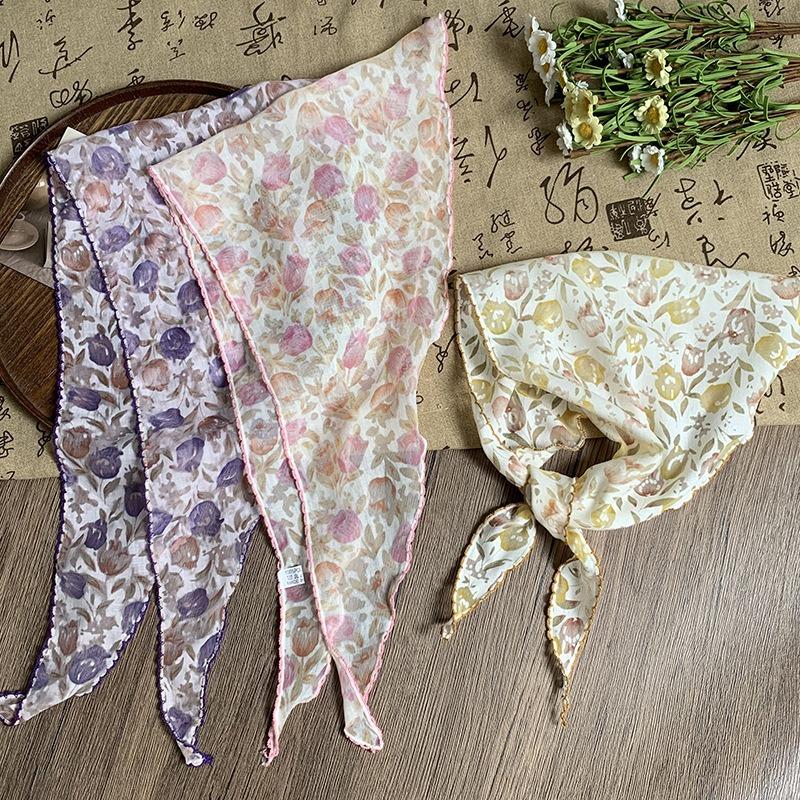 Triangle Scarf Silk Scarf High-end New Versatile Neck Protector Decorative Thin Scarf Floral Headscarf Headband Tied Hair