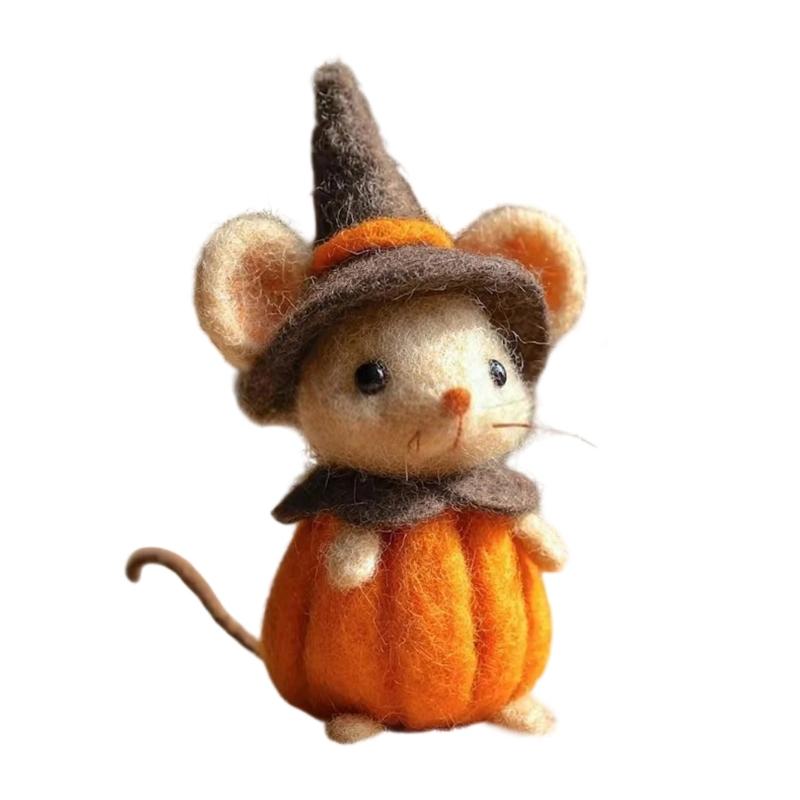 Festives Felt Pumpkin Mouse with Witch Hat Ornament For Halloween Party Home Office Desk Decors Handmade Craft Gift