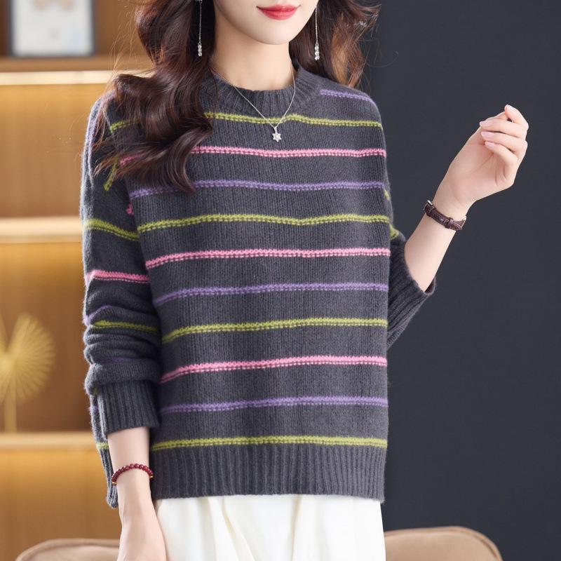 2025 Autumn/Winter Striped Color Block Slimming Knit Top