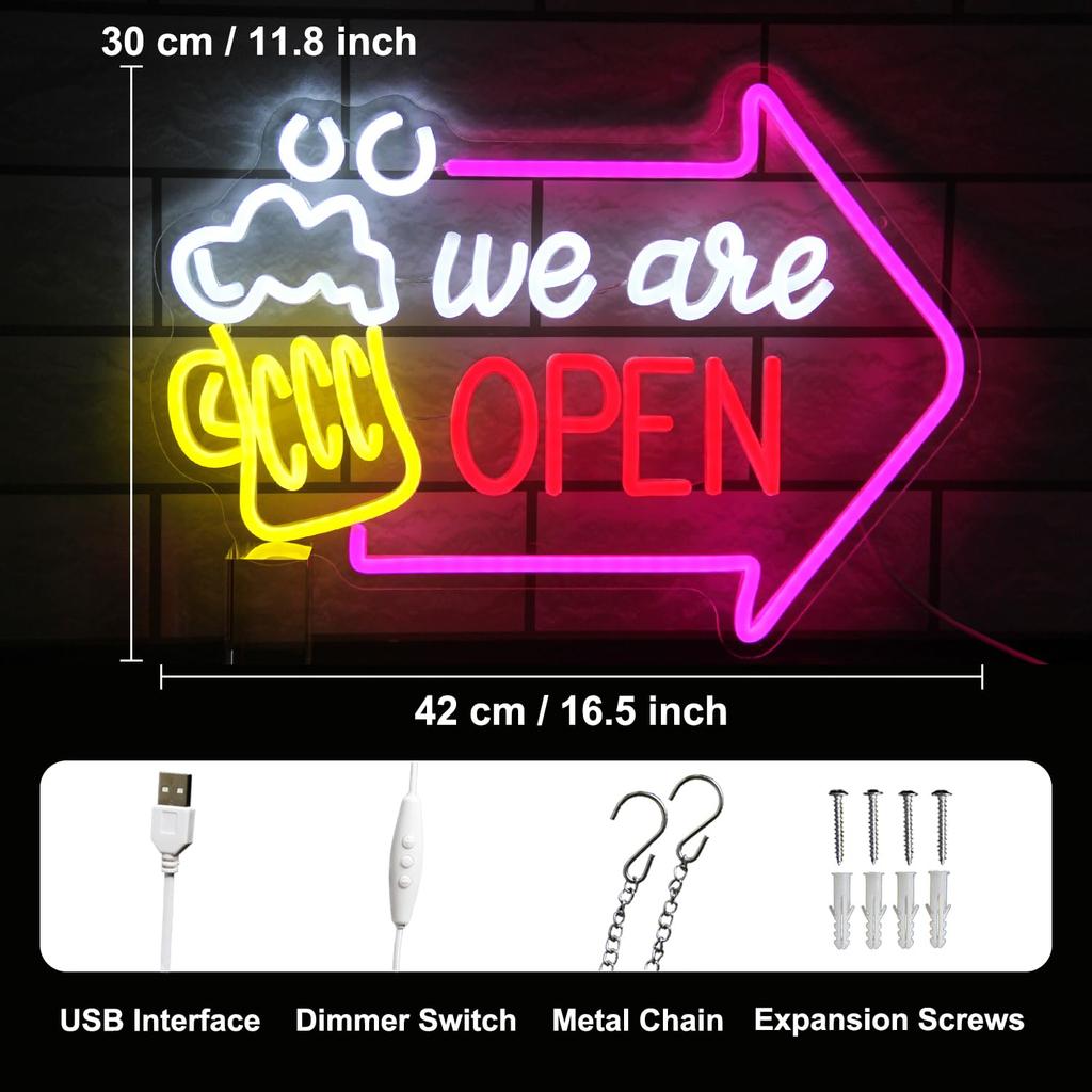 We Are Open Bar Neon Beer Open Wall Dimmable Bar Light Sign for Man Cave Pub Restaurant Tavern Hotel Business Shop Decor