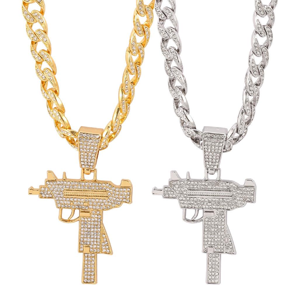 Einzigartiger Mode Große Waffe Iced Out Anhänger Cuban Link Kette Halskette, Silber/Gold Plated Hip Hop Iced Out Schmuck für Damen Party