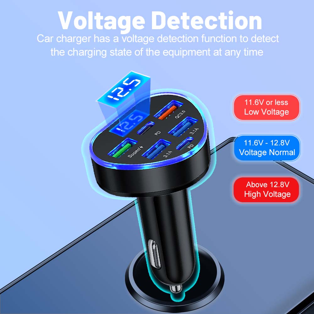 100W Car Charger PD QC3.0 6 Ports Fast Charging Adapter for IPhone USB Type C Socket Charger