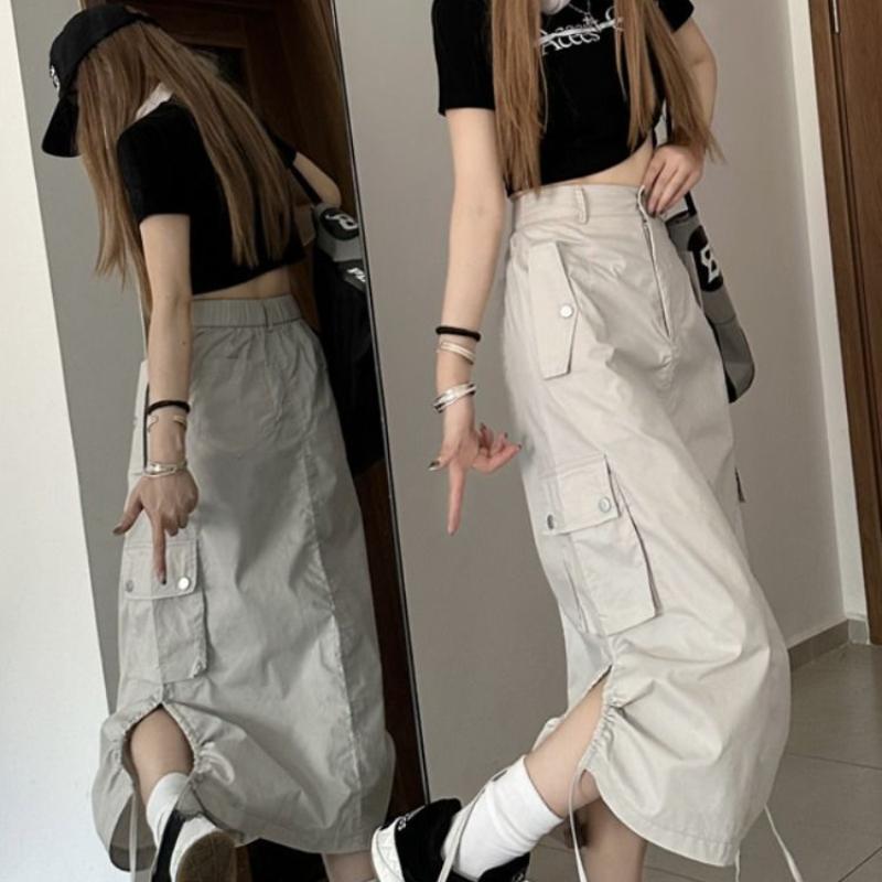 Women's Summer American Vintage Utility Skirt - Drawstring Casual A-Line Midi Skirt with Design-Forward Slit for Students