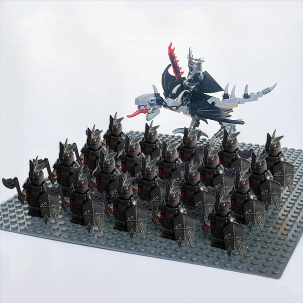 New 21Pcs Solider Uruk Hai Army Figrues King Angmar With Fell Beasts Shield Sword Bow Spear Weapons Kid Toys
