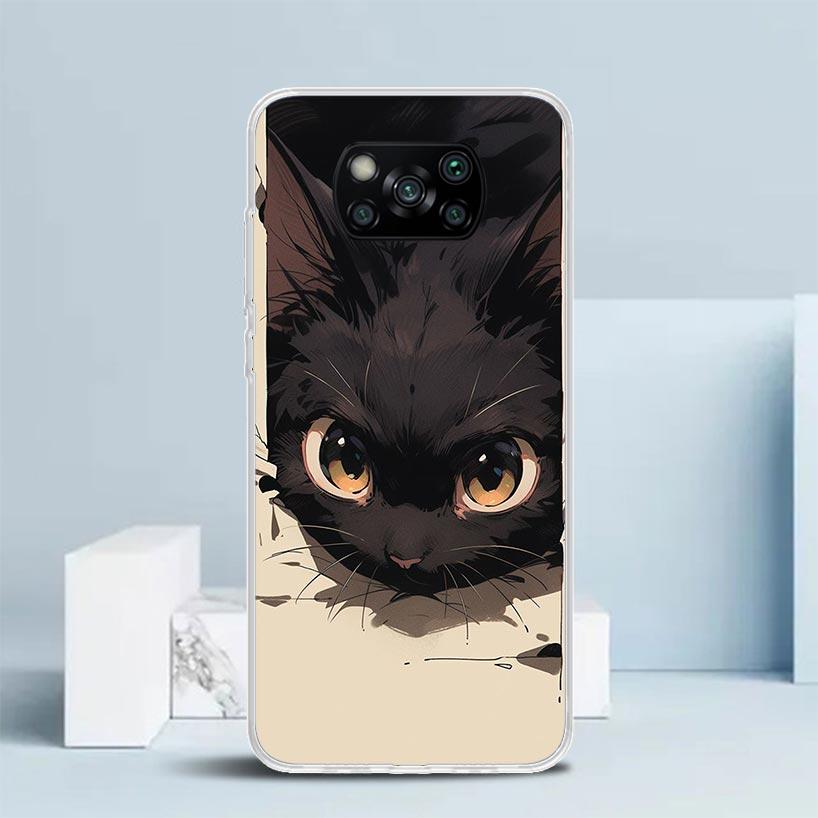 Anime Cute Black Cat Meow Phone Case For Xiaomi Poco F7 Ultra X5 X6 X7 Pro M7 Redmi 15C 15 13C 13 12C 12 10C 10 10A 9 9C 9A 9T C