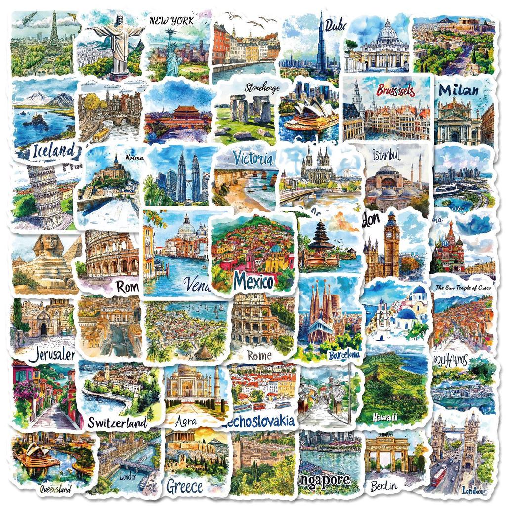 50 Hand-Drawn Tourist Maps, Signs, Architectural Graffiti Stickers, Decorative Guitar Notebooks, Diy Waterproof Stickers
