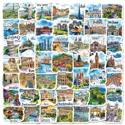 50PCS Hand-drawn Travel Landmark Stickers, Global Architecture Decals for Guitar, Notebook & Luggage