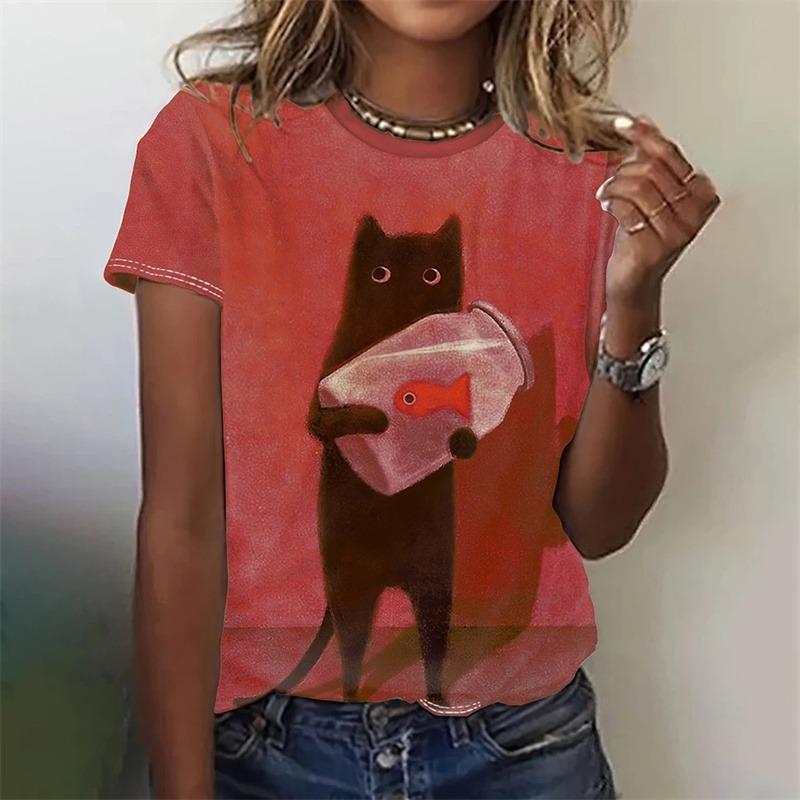 Funny Cat Pattern T-Shirt For Women Cute Animal 3D Printed T Shirts Summer Fashion Oversized Tees Short Sleeves Round Neck Tops