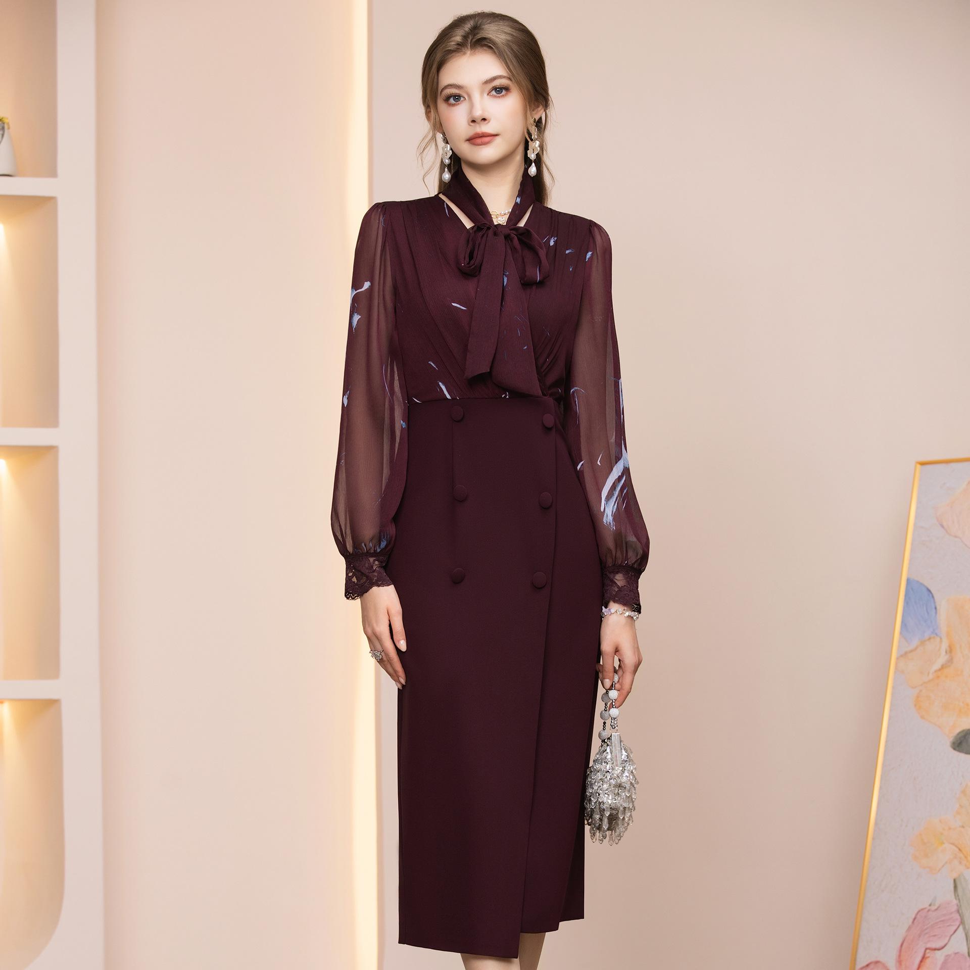 Zhi Li Spring 2026 High-Waisted Printed Bow Bodycon Midi Dress Large красный/фиолетовый