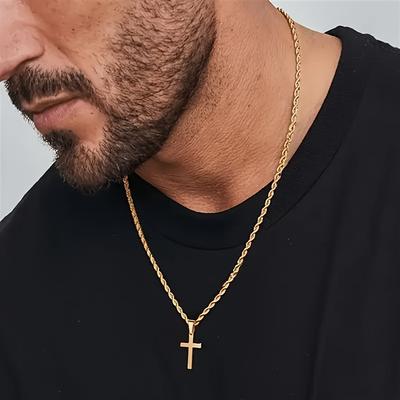 Rope Chain Necklace Fashionable Stainless Steel 1pc Stylish Gold-Plated Cross Pendant Perfect for Men's with Minimalist Men's Delicate Jewelry