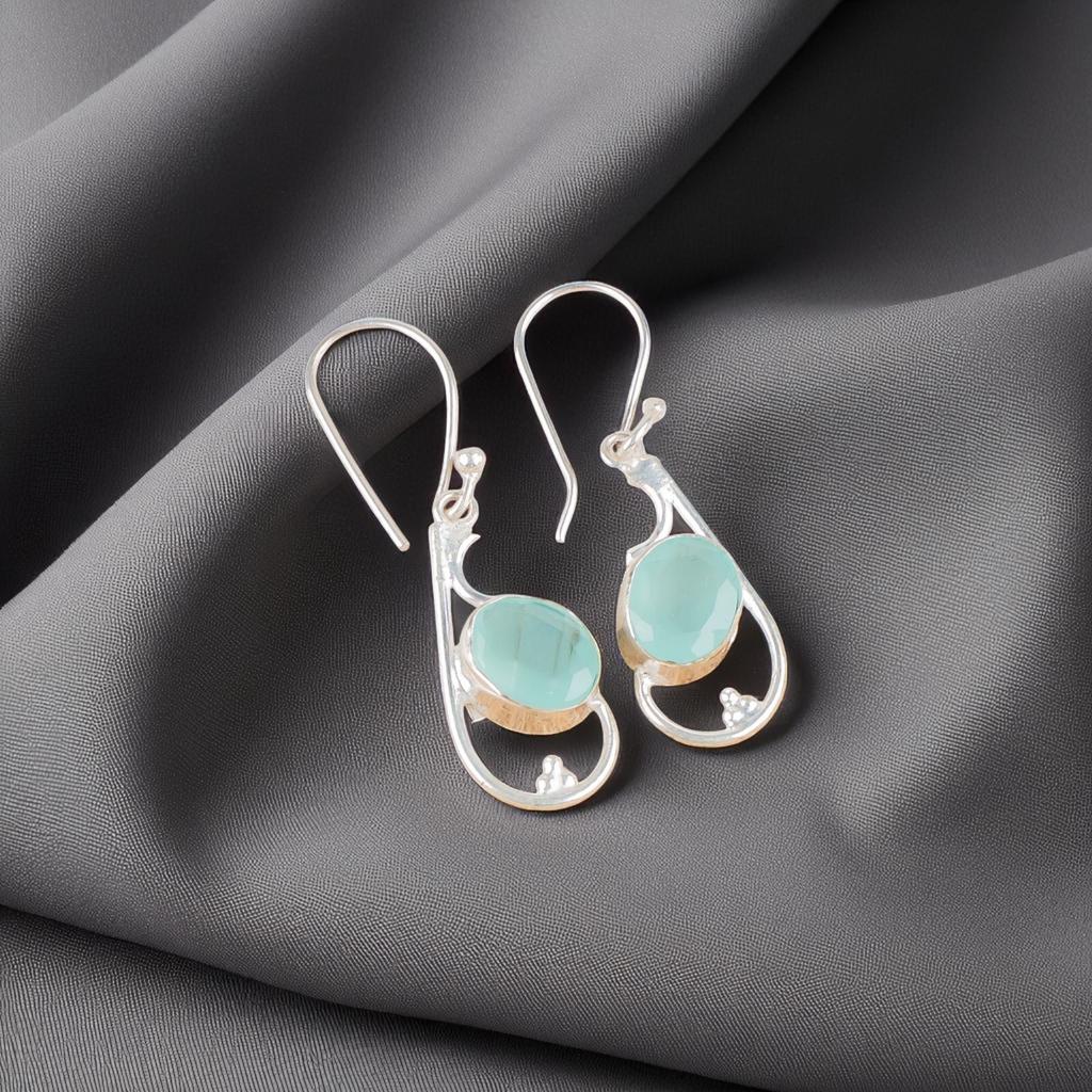 Aqua Chalcedony Gemstone 925 Sterling Silver Jewelry Handcrafted Earrings 1.60" EE-49-14