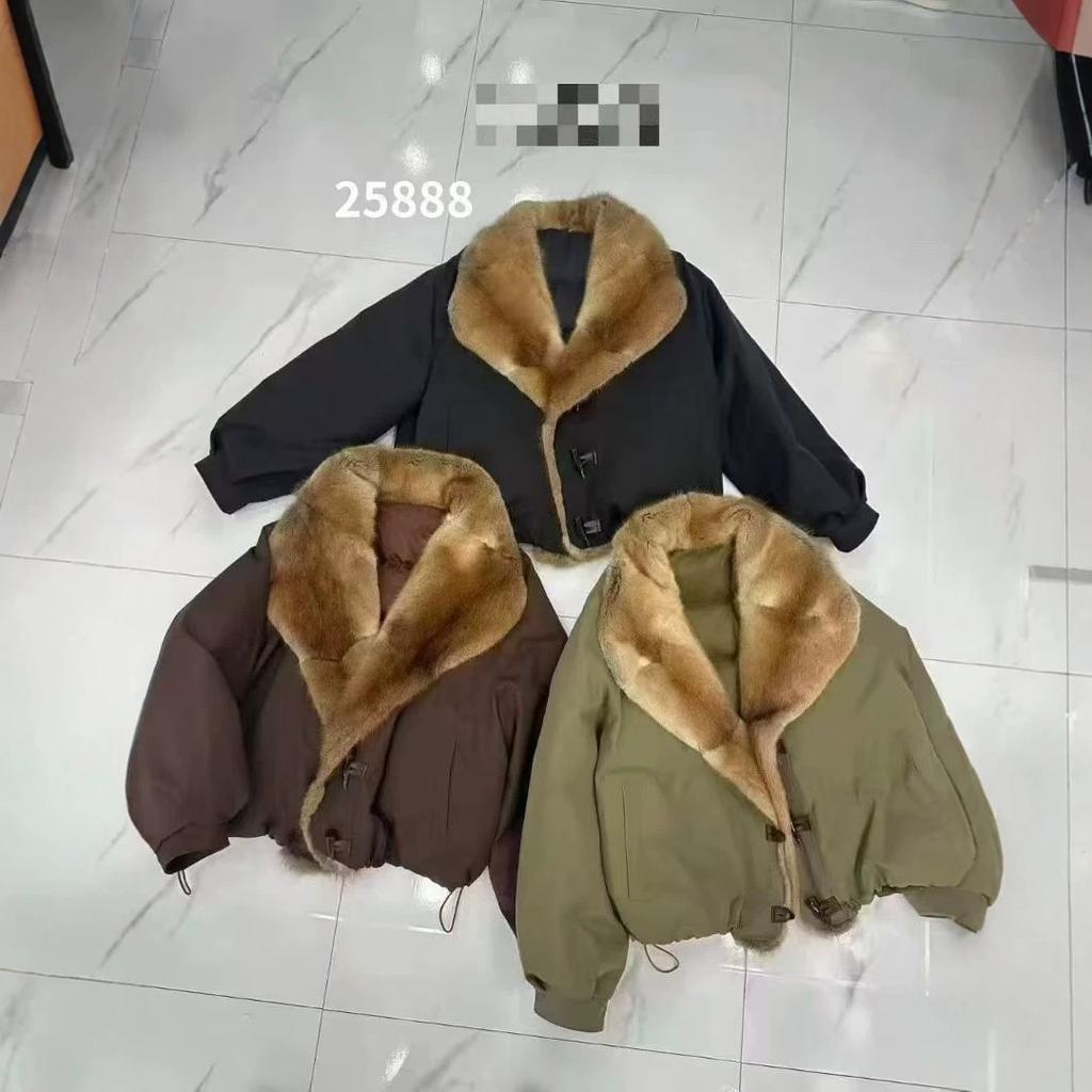 New winter mink fur collar down jacket short loose thickened pie overcome green root mink fur goose down jacket