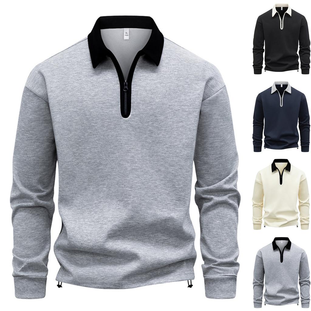 Men's Casual Colorblock V-Neck Zipper Shirt Lapel Long Sleeve Bottom Sweatshirt
