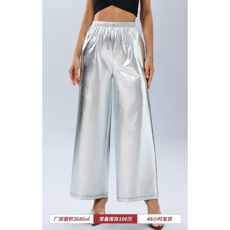 Women High Waist Loose Silver Hot Stamping Wide Leg Casual Long Pants