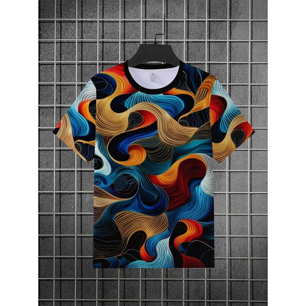 Men Multicolor Wave Line Abstract Allover Print Tee O Neck Short Sleeve Casual Top