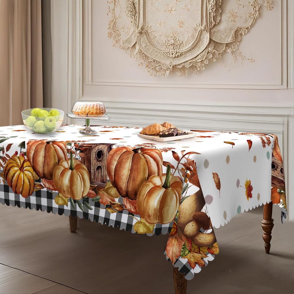 1 Autumn-Themed Tablecloth, Polyester Fabric, Orange Pumpkin And Maple Leaf Pattern, Autumn Table Decoration