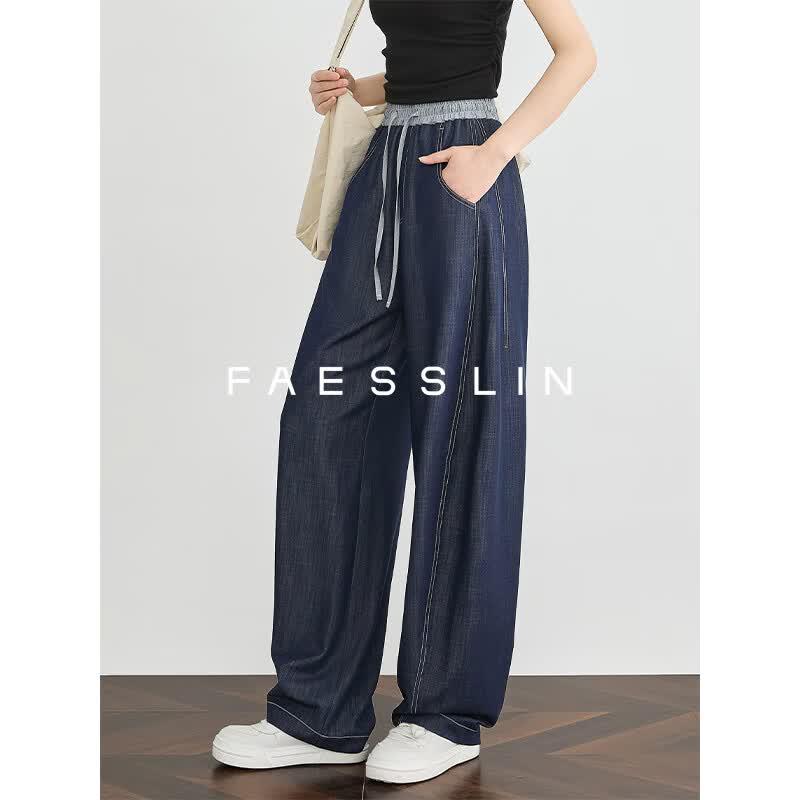 FAESSLIN Women s High-Waist Faux Denim Wide-Leg Pants S