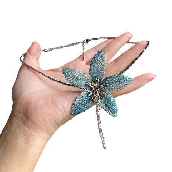 Women Choker Necklace Handmade Embroidery Exaggerated Large Flower Decor Imitation Pearl Tassel Earrings Holiday Jewelry Gift