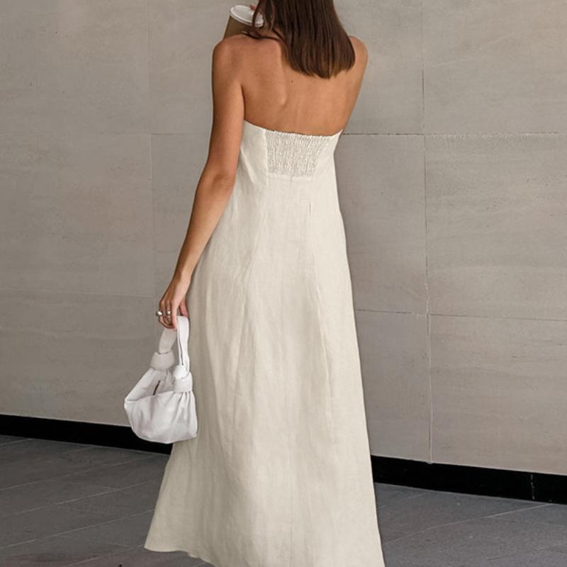 Summer New Vacation Style French Dress Khaki Cotton Linen Strapless Backless Long Dress for Women