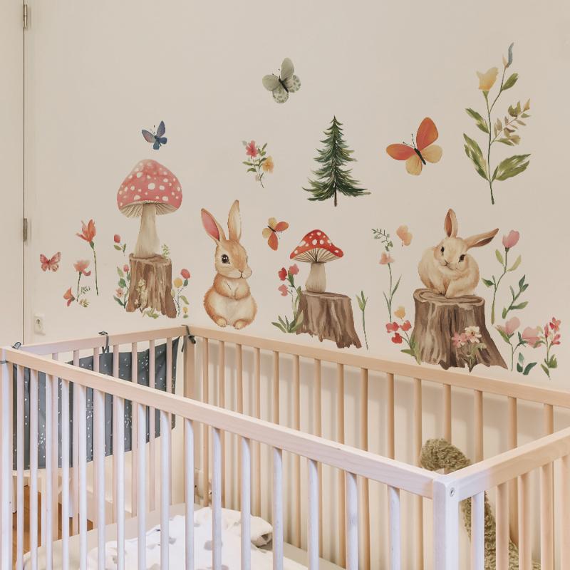 Cartoon Little Rabbit Tree Stump Forest Bedroom Living Room Home Wall Background Decorative Wall Stickers