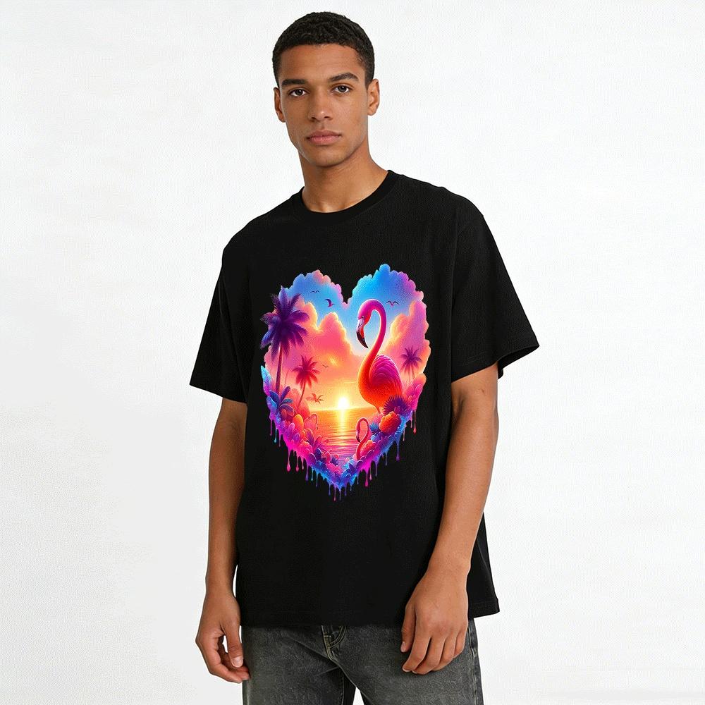 Gradient Flamingo Sunset Coconut Tree Vacation Print Tee Pure cotton T-shirt