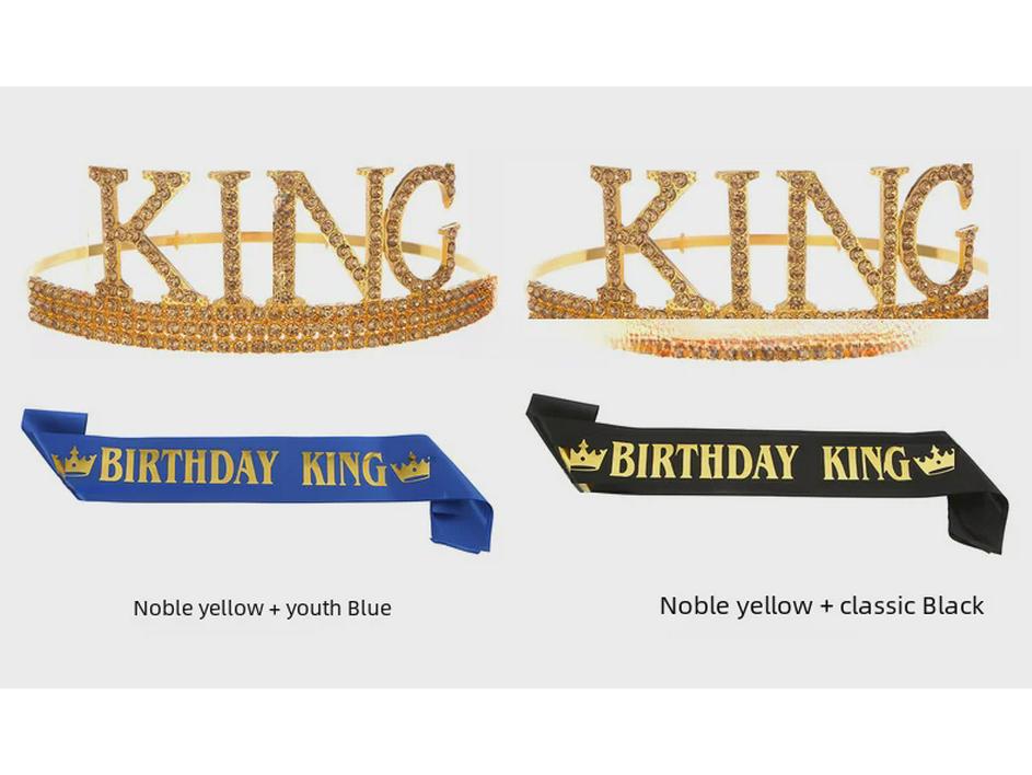 Men's Birthday King Crown and Sash Set - Party Hat Headdress for Cake Celebration