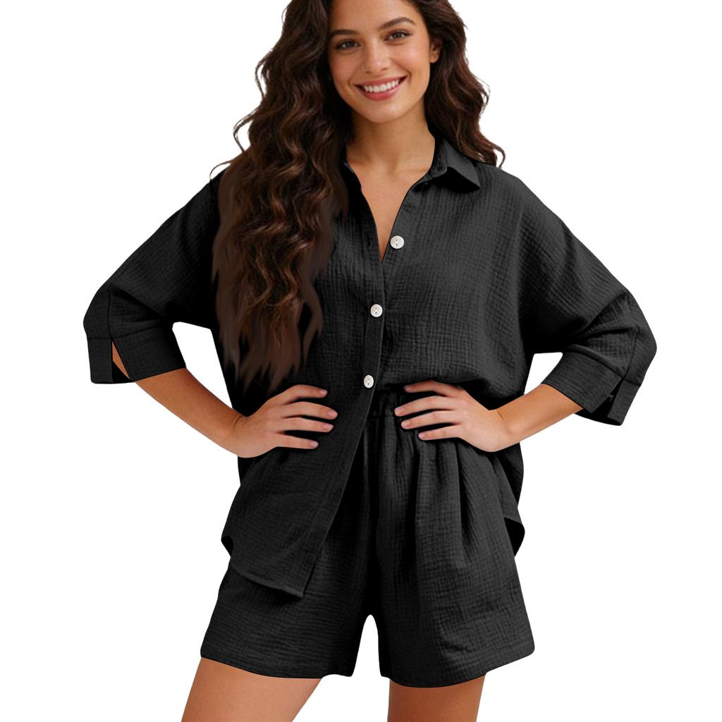 Women's Casual Color Long Sleeved Shorts Set, Crepe Home Set