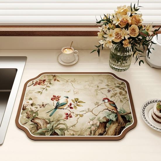 Absorbent Coffee Bar Mat for Espresso Machine, Floral Bird Pattern Non-slip Dish Drying Mat, Diatom Mud Quick Dry Mat for Kitchen Sink Countertop