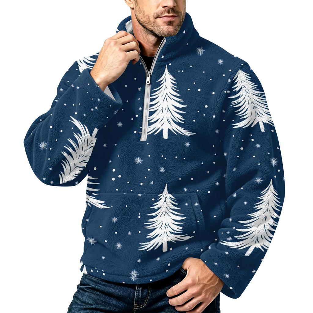 Men's Christmas Print Zip-Up Sweatshirt with Stand Collar, Plus Size Flannel Top for Fall Winter