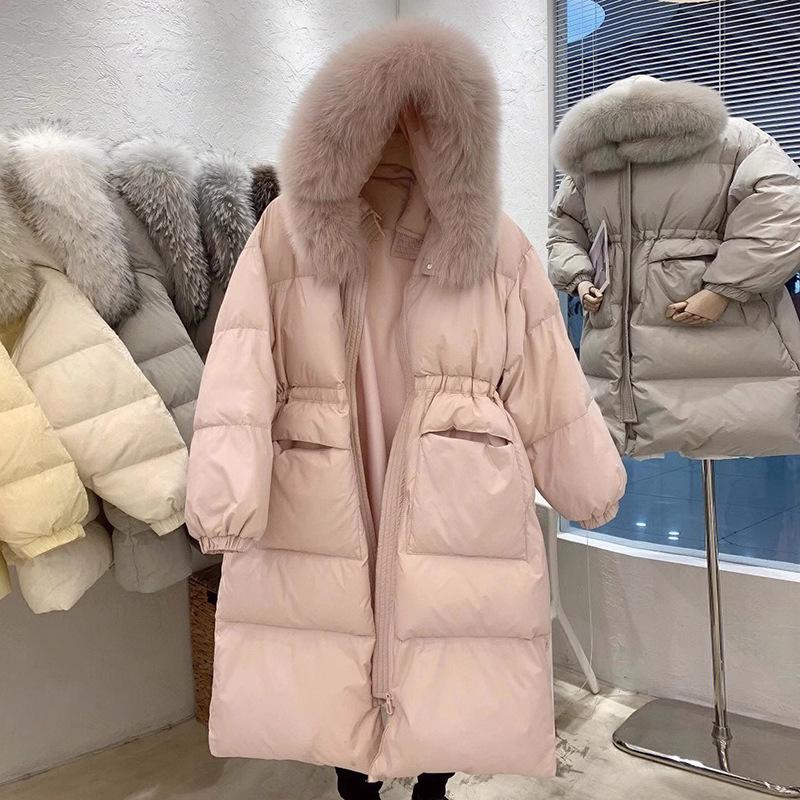 

Fox big fur collar down jacket women s long 2025 winter thickened sweet waist white duck down cold-resistant and thin coat M