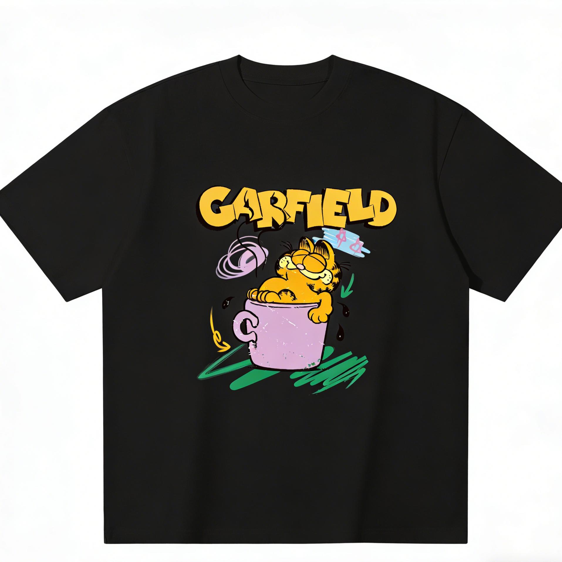 Garfield Coffee Cup Lazy Trendy T-Shirt! American Retro Distressed Loose-Fitting Short Sleeve, Unisex, Oversize Couple Tee S