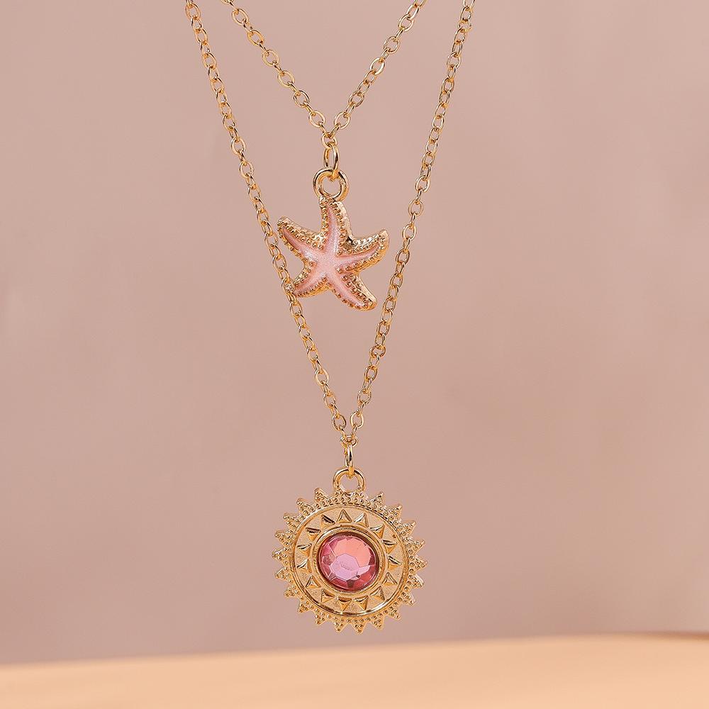 2pcs/set Crystal Sun Pendant Necklaces for Women Girls Starfish Choker Necklace Chain Party Holiday Jewelry Gifts