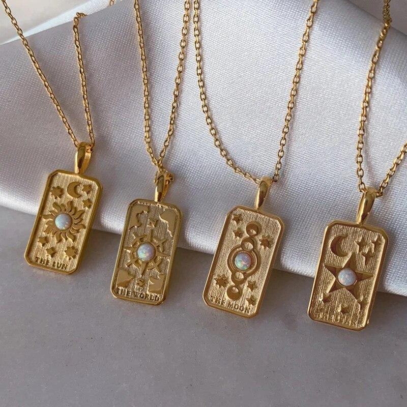 Colier din oțel inoxidabil pentru femei World Sun Moon Star Oblong Tarot Pandantiv Bijuterii Cadou