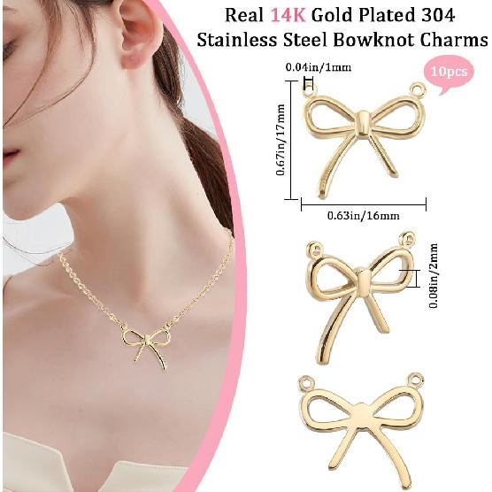 Beebeecraft 1 Box 6Pcs Bowknot Charms 14K Gold Plated 304 Stainless Steel Hollow Bowknot Links with 2 Holes for Necklace Jewelry Making (Hole: 1mm)