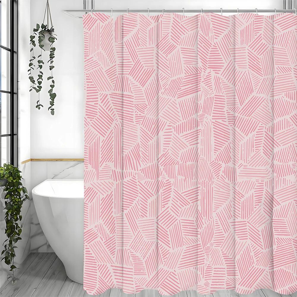 Modern Creative Geometric Pattern Pink Line Shower Curtain, Bathroom Decorative Shower Curtain, Waterproof Shower Curtain with H