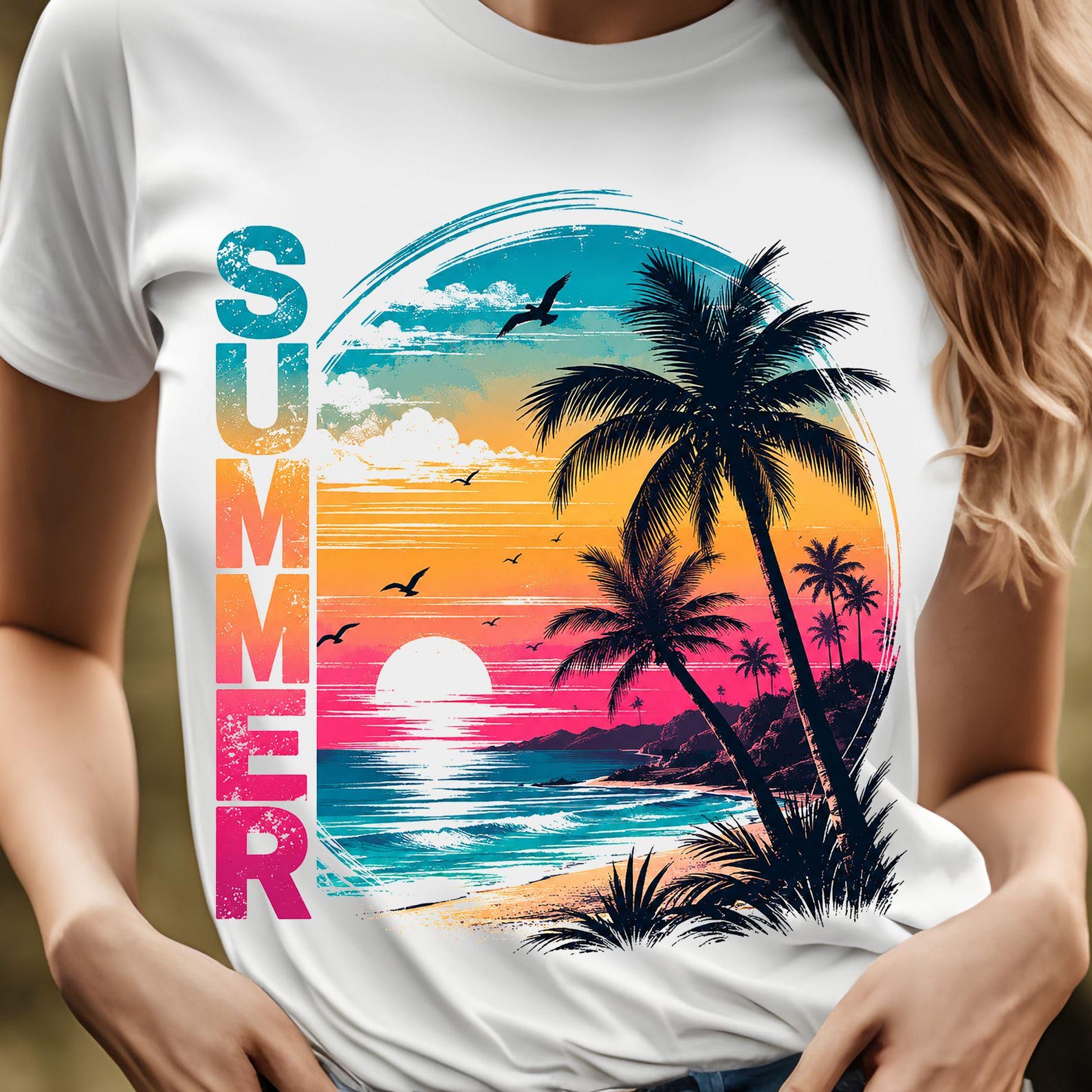 Retro Tropical Sunset Beach Tee | Palm Trees, Ocean Waves, Summer, 10 colors S