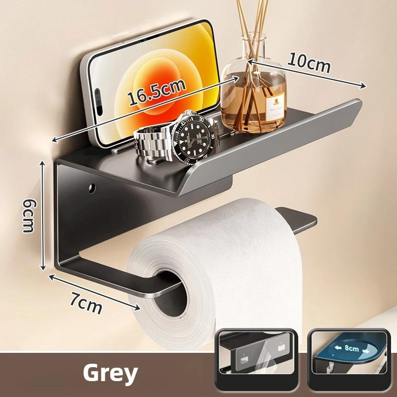 Punch-Free Adhesive Toilet Paper Holder Wall Mount - Space-Saving Bathroom Tissue Roll Rack with Storage Shelf Installation