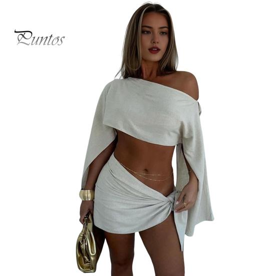 

2 шт./комплект летний повседневный костюм с покатыми плечами и длинными рукавами, топы с высокой талией, мини-юбка на шнуровке, комплект с защитой от ультрафиолета, быстросохнущий наряд M бежевый