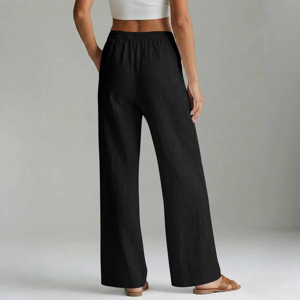 Pantalones Cropped Rectos de Algodón y Lino para Mujer Cintura Elástica Casual Ajuste Holgado Pantalones con Bolsillos para el Uso Diario
